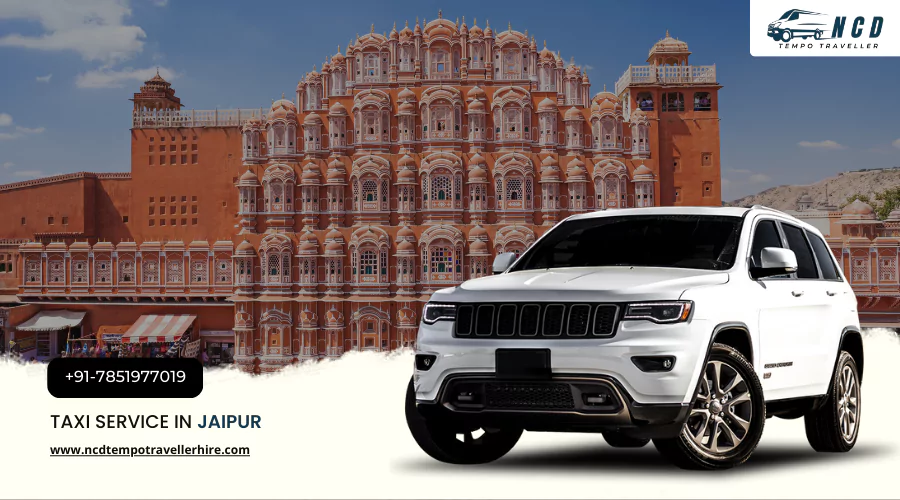 Taxi service in Jaipur with white SUV in front of Hawa Mahal – book reliable Jaipur taxi service and taxi in Jaipur online.
